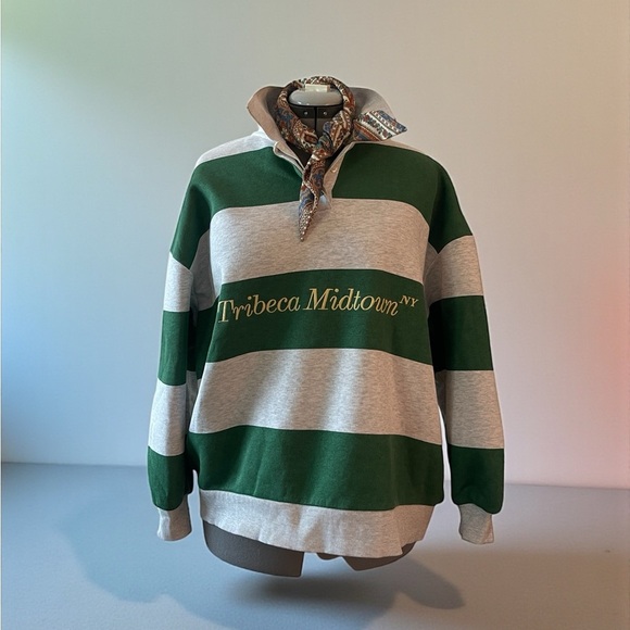 ZARA Tribeca Midtown Rugby Polo Sweatshirt Medium Green Gray Varsity Pullover - Picture 5 of 5